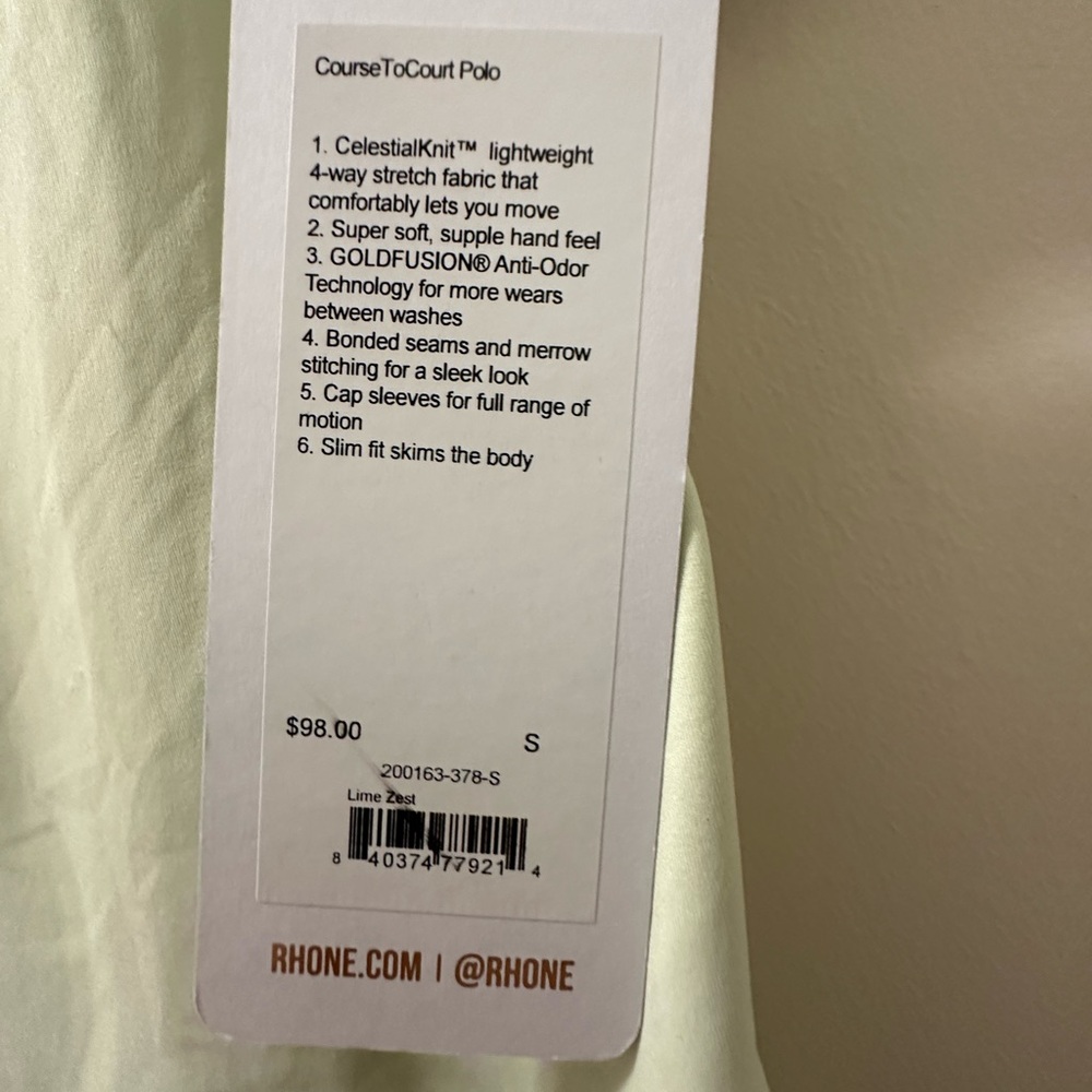 RHONE Course to Court Polo. Lime zest. Size small NWT - Picture 7 of 8